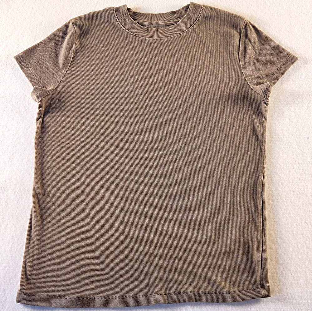 A New Day Womens Brown Ribbed Knit Stretch Crew Neck Tee Short Sleeve Sz L